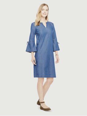 Ann Taylor Petite 2P Chambray Dress 100% Cotton Bell Sleeve Split Neck Blue